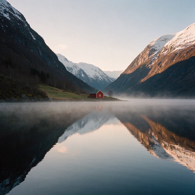 A Norwegian fjord at dawn, mist over still water, a single red cabin on the shore, snow on the peaks, wide angle. — Seedream 5.0 Pro