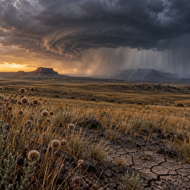 Across a tawny prairie basin, a rotating thunderstorm gathers in the late afternoon beneath bruised clouds, rain veiling distant buttes; seed heads and cracked earth in the foreground contrast with ridges softened by the advancing downpour. — GPT Image 2.5 Sunburst