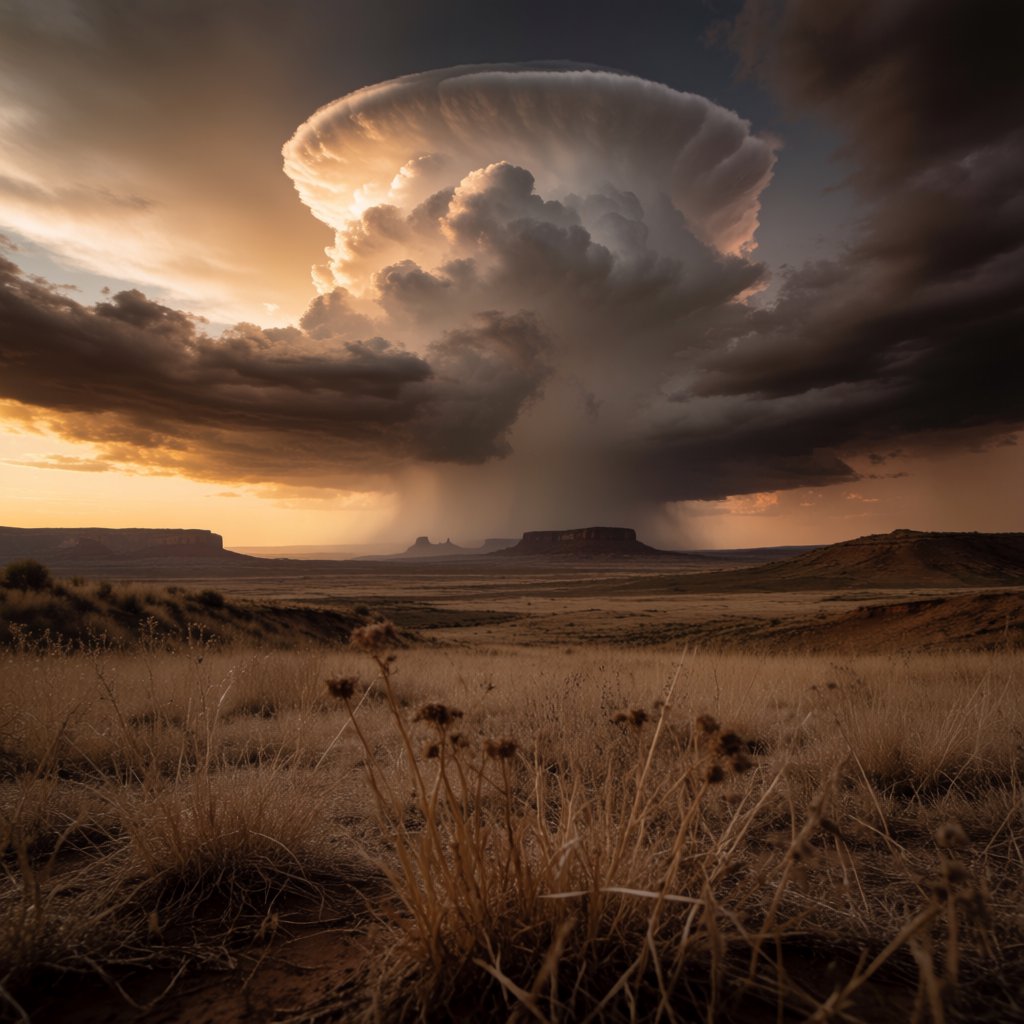 Across a tawny prairie basin, a rotating thunderstorm gathers in the late afternoon beneath bruised clouds, rain veiling distant buttes; seed heads and cracked earth in the foreground contrast with ridges softened by the advancing downpour. — Krea 2 Medium