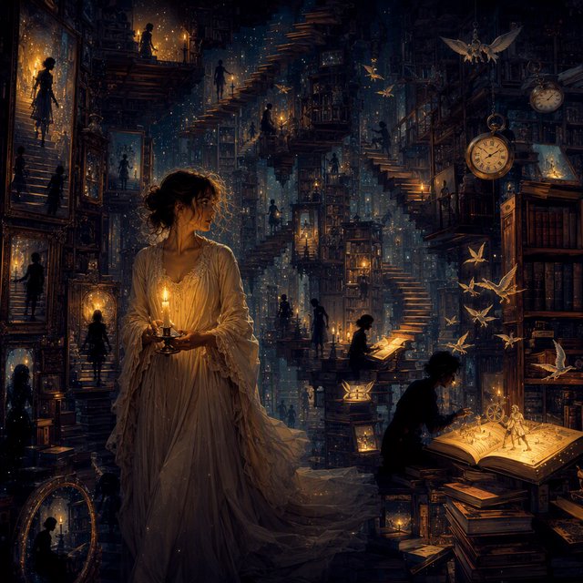 In an infinite library where floating staircases defy gravity, a young woman carries a candle through endless shelves. Her shadow has quietly detached itself from her feet and now wanders independently among the towering bookcases, secretly opening glowing books filled with forgotten memories. Each open page reveals miniature worlds: flying origami birds, drifting clocks, and tiny ghostly figures. The woman's candlelight creates impossible reflections, revealing dozens of alternative shadows with distinct personalities. Dreamlike surrealism, warm golden candlelight set against deep blue darkness, intricate details, magical realism, painterly. — GPT Image 2