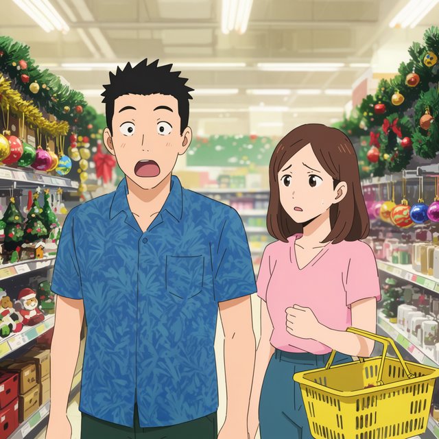 A husband and wife are shopping in a large, well-lit supermarket. They are surprised by what is for sale in the Christmas aisle. — Krea 2 Large