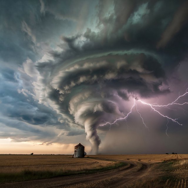 A supercell thunderstorm over flat farmland, lightning inside the cloud, a lone grain silo, dramatic but realistic. — ImagineArt 2