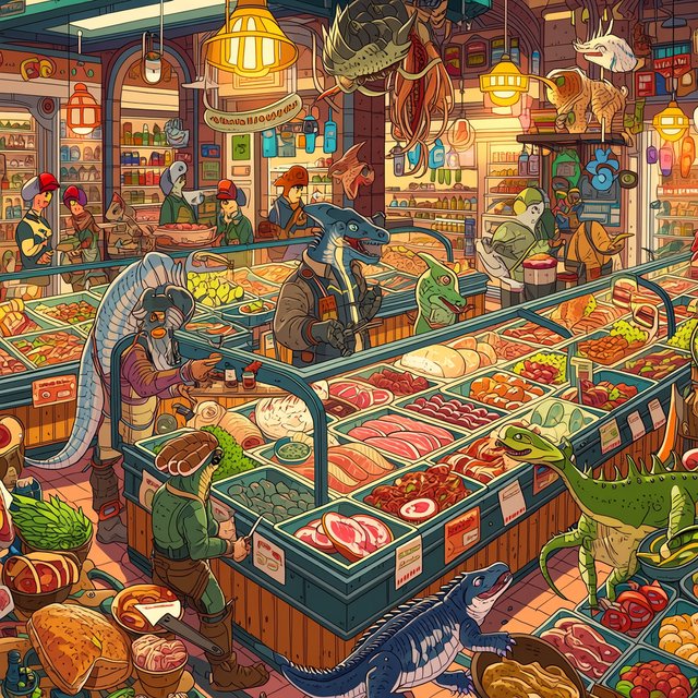 Exotic alien meat market with every possible meat imaginable on sale! — Midjourney Niji 7