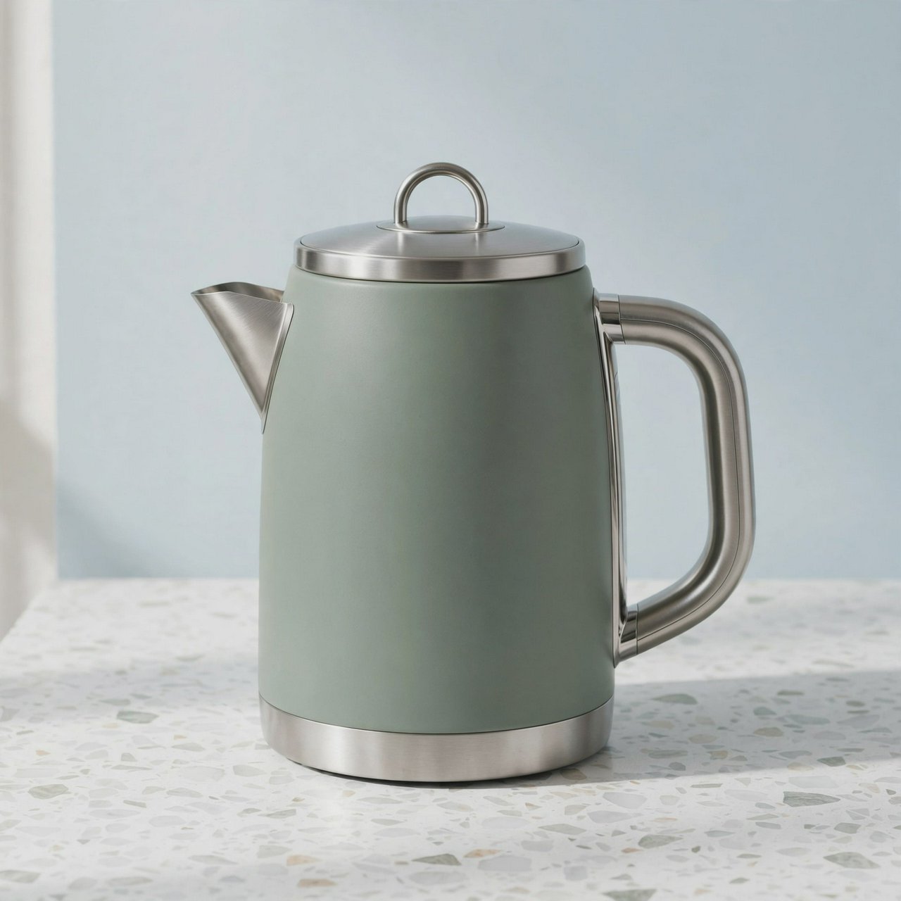Commercial product photograph of an unbranded electric kettle made from matte sage ceramic and brushed stainless steel, resting on a white terrazzo surface against a pale blue background, with soft window light from the left and a delicate grounding shadow. — Muse Image 1.0