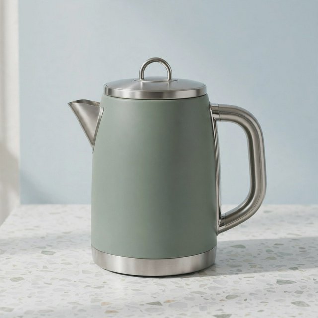 Commercial product photograph of an unbranded electric kettle made from matte sage ceramic and brushed stainless steel, resting on a white terrazzo surface against a pale blue background, with soft window light from the left and a delicate grounding shadow. — Muse Image 1.0