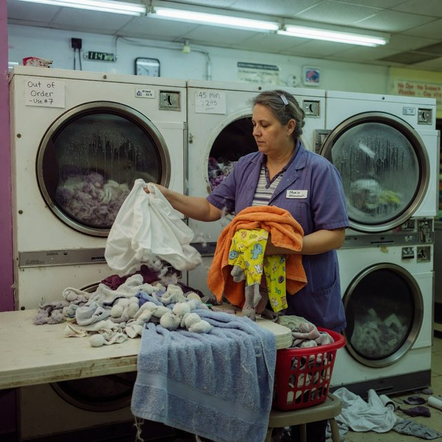 Candid documentary photograph of an adult laundromat attendant sorting warm clothes beside humming machines, cool fluorescent light, 50mm lens with moderate depth of field, loose lint clinging to a blue towel and faint condensation on the glass doors. — Grok Imagine Image Quality