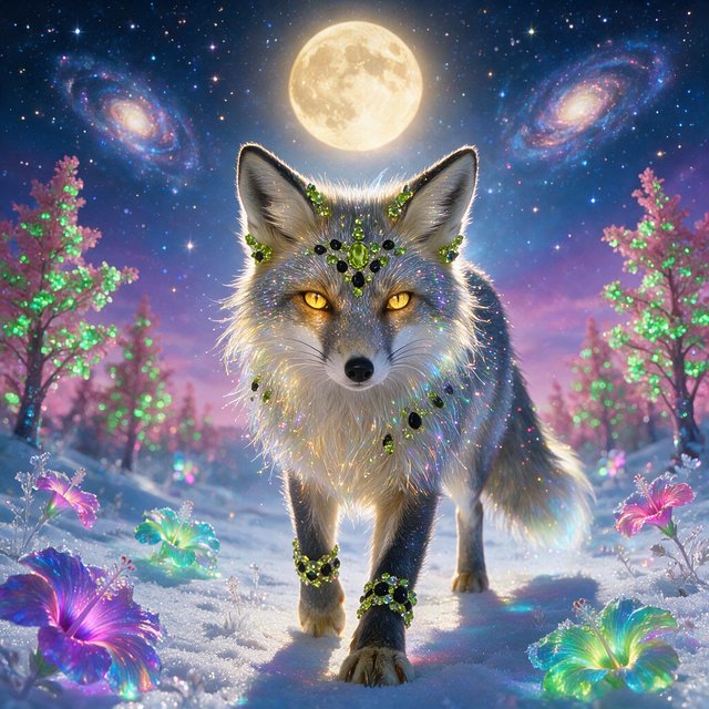 A fantasy still photography image of a majestic silver and gold fox, its fur coat features a breathtaking fiber-optic rainbow-glitter that shimmers with dense prismatic sparkles shifting vibrantly under the ethereal moonlight, the fox features deep silver undertones across its thick coat and is perched proudly in a front-facing posture, its fur is intricately adorned with embedded polished peridot and shimmering onyx that catch the glowing light, it is walking in an enchanted snow filled landscape filled with multicolored bioluminescent hibiscus flowers blooming in radiant neon shades and blooming pink bioluminescent trees with glowing green blossoms, the background features a dramatic full moon and a vibrant multicolored starry sky filled with multicolored swirling galaxy, a soft ethereal glow illuminates the fox's commanding silhouette, razor-sharp focus on its piercing golden eyes, magical realism style, fantasy art. — Seedream 5.0 Pro