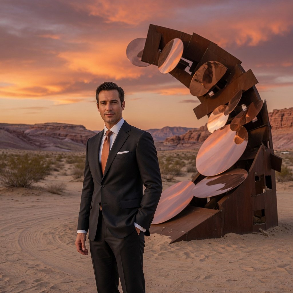 Editorial glamour photograph of an adult man in a charcoal evening suit with a muted copper tie, standing at ease beside a desert art installation, flattering sunset light warming the sculptural landscape, composed expression and refined magazine atmosphere. — Grok Imagine Image Quality