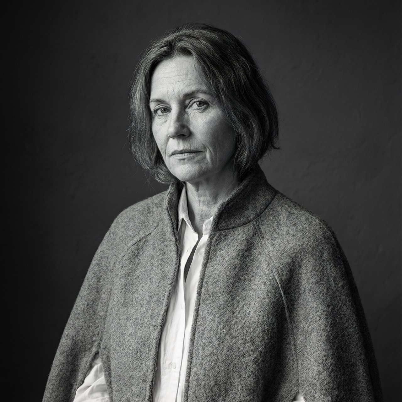 Under a narrow window beam, an adult woman in her late 50s wears a sculpted wool cape over a cotton blouse; her wry expression rests against a charcoal plaster backdrop in a black-and-white portrait, shaped by soft angled light. — Qwen Image 3.0 Pro