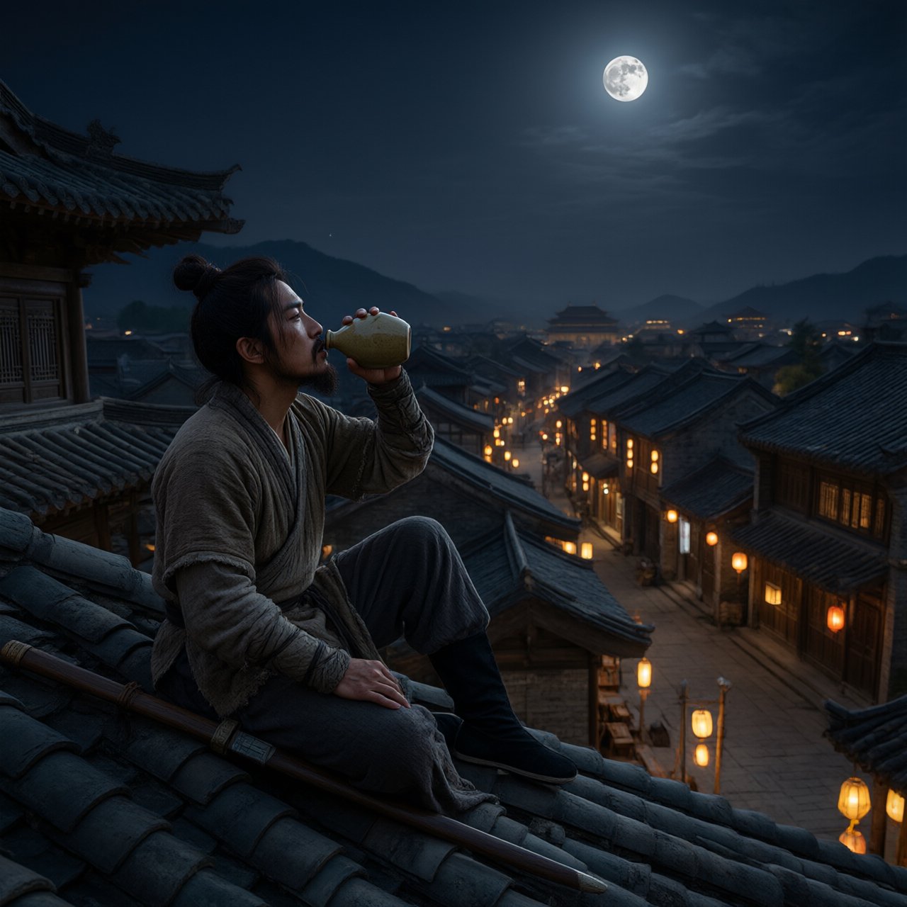 A lone Chinese swordsman sits on a tiled rooftop in ancient China at night, gazing over a lantern-lit city while drinking from a ceramic wine flask, moonlight bathing the quiet scene. — Qwen Image 3.0