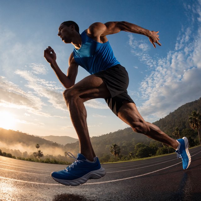 Adult male athlete in running shorts and a tank top mid-sprint on an outdoor track at dawn, muscles defined, motion captured sharply. — Recraft v4 Pro