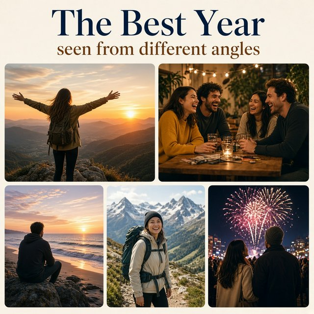 A realistic image where the theme is all about people having the best year ever. 4–6 moments seen from different angles. At the top it says, "The Best Year seen from different angles". — Grok Imagine Image 2