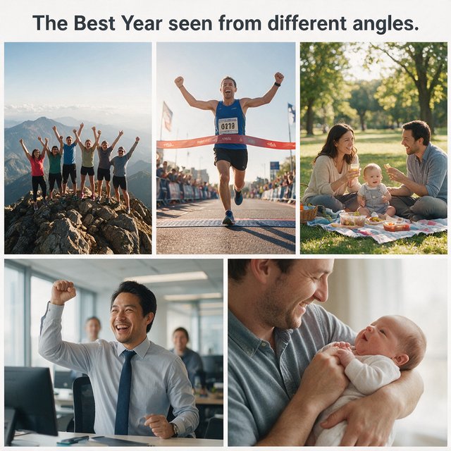 A realistic image where the theme is all about people having the best year ever. 4–6 moments seen from different angles. At the top it says, "The Best Year seen from different angles". — Seedream 5.0 Pro