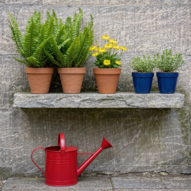 Exactly five potted plants stand on a stone ledge: two tall green ferns on the left, one flowering yellow plant in the center, and two small blue pots on the right. A red watering can sits below, nothing else. — Kling v3 Omni