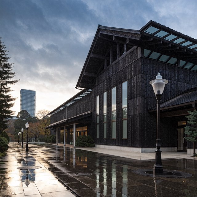 Contemporary Japanese timber train station, charred cedar cladding, pale concrete platform, broad pitched roof with exposed beams and translucent clerestories, cool morning light, viewed obliquely from the quiet approach plaza, precise straight lines and plausible structure. — Recraft v4