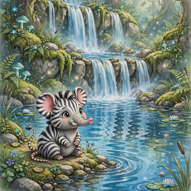 An adorable animal in a cartoon illustration, a cross between an elephant, a zebra, and a mouse. On the shore at the base of a magical waterfall flowing into a crystal-blue pond. Ripples create a wavy reflection in the water. — Muse Image 1.0