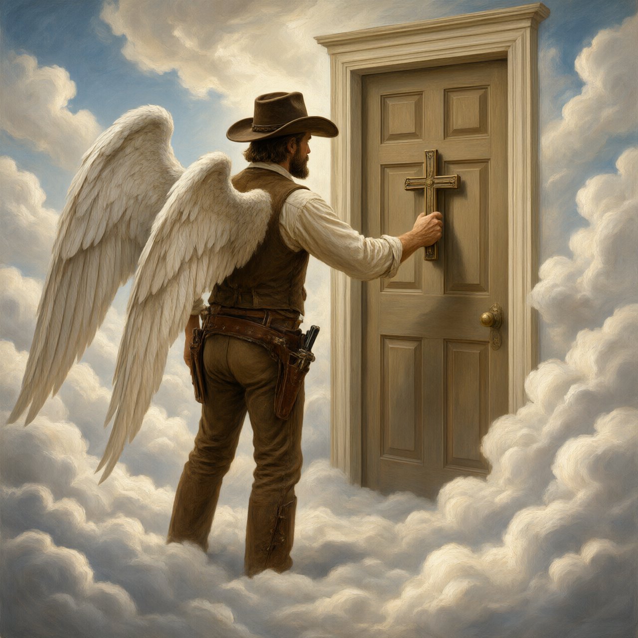 Create a painted image of a frontier lawman in heaven, facing away from the camera with angel wings. He is standing on a ground made of clouds, with a door in front of him. Holding a cross, he uses it to knock on the door. — Qwen Image 3.0