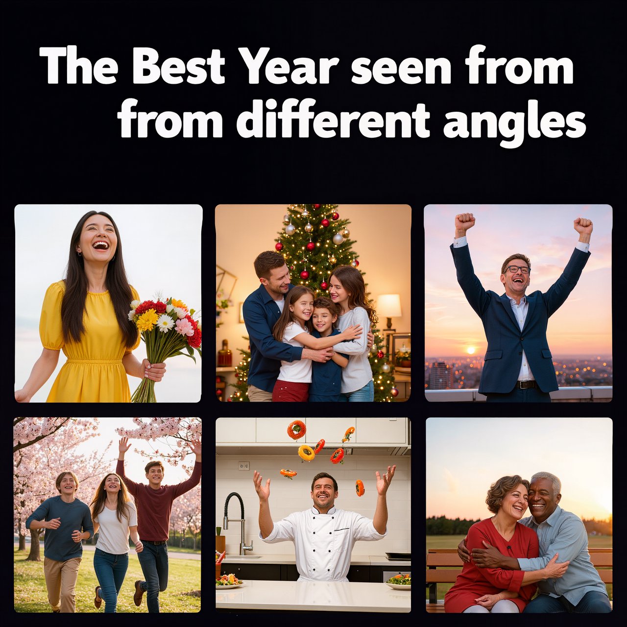 A realistic image where the theme is all about people having the best year ever. 4–6 moments seen from different angles. At the top it says, "The Best Year seen from different angles". — Kling v3