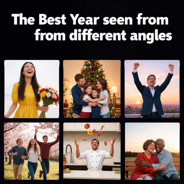 A realistic image where the theme is all about people having the best year ever. 4–6 moments seen from different angles. At the top it says, "The Best Year seen from different angles". — Kling v3