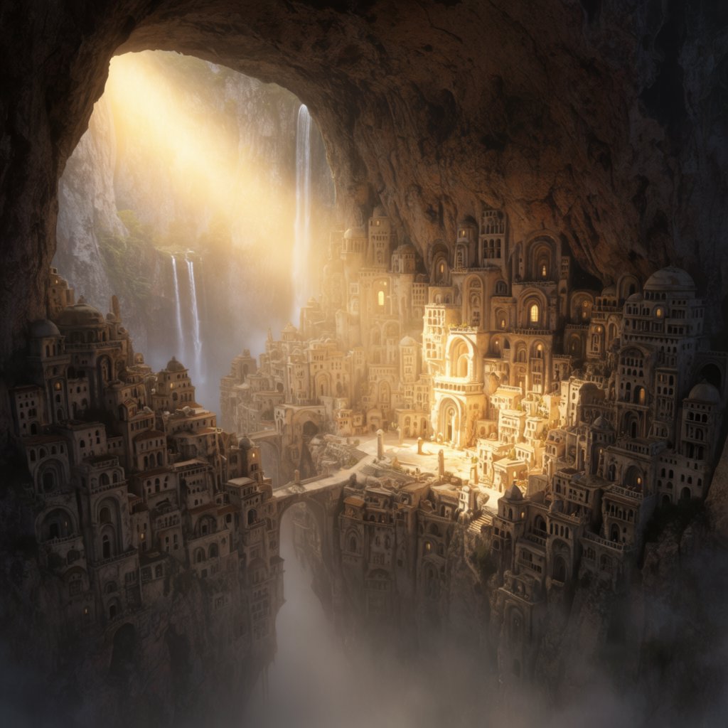 An ancient city carved inside a hollow mountain glows with windowlight, its terraced bridges spanning a blue-lit cavern while mineral mist rises around distant waterfalls and a narrow beam of sunrise reaches the deepest plaza. — Krea 2 Large