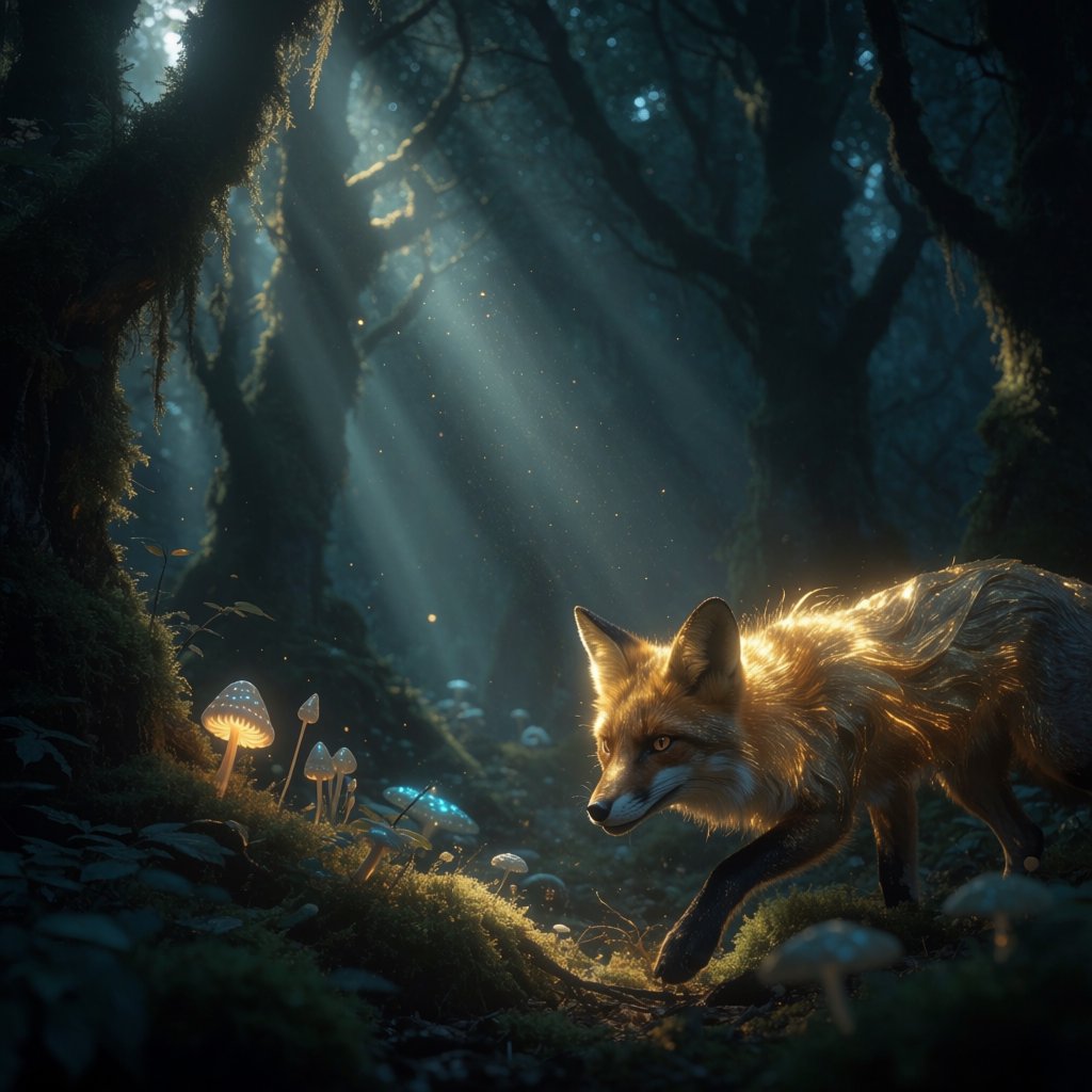 A cunning fox with fur like molten gold cautiously steps through a dense, ancient forest. Shafts of light pierce the canopy, illuminating dust motes dancing in the air. Strange, glowing mushrooms cast an otherworldly light on the moss-covered ground. The style is a blend of dark fantasy illustration and hyperrealism, with a focus on dramatic, cinematic lighting. — Krea 2 Medium