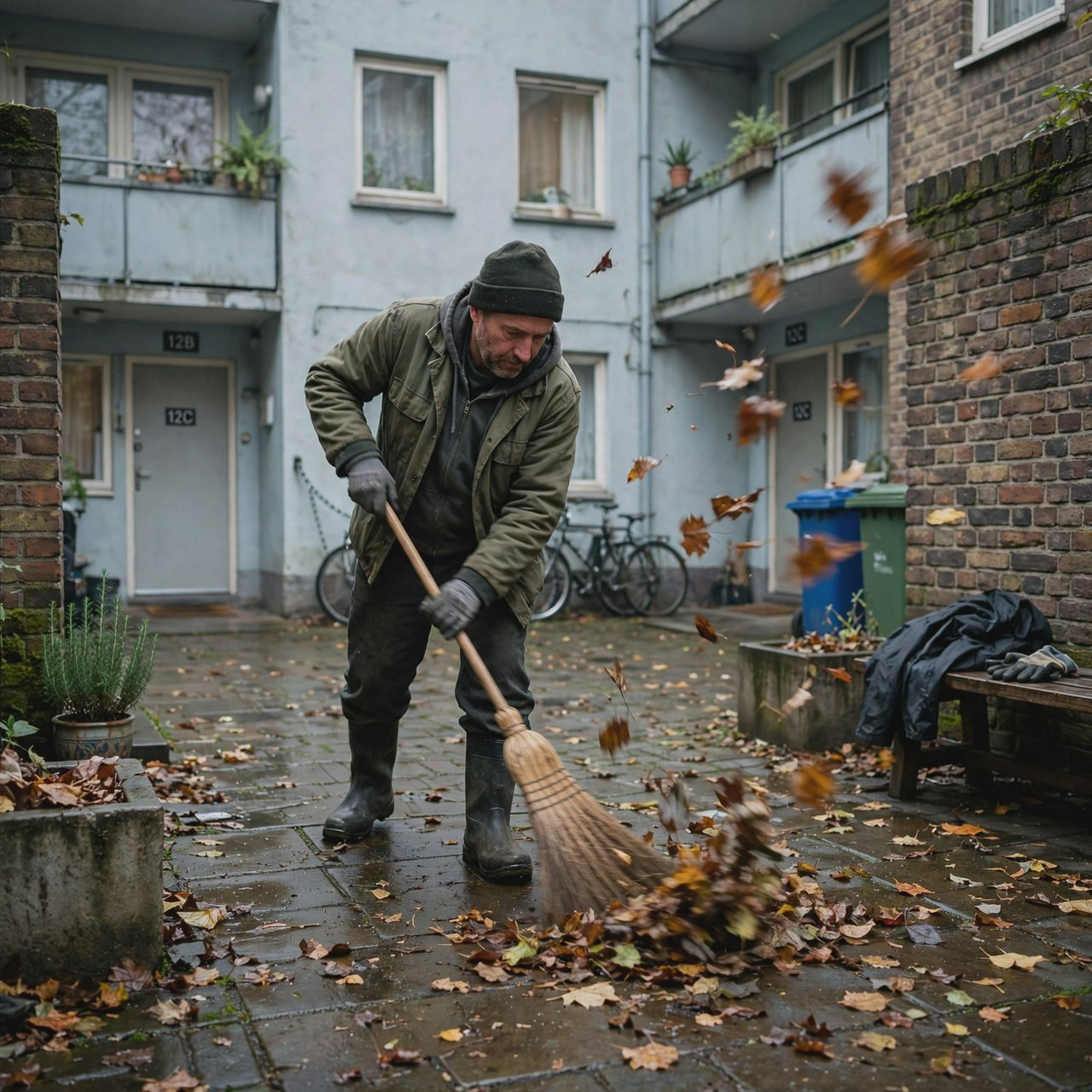 Candid documentary photograph of an adult groundskeeper sweeping damp leaves from an apartment courtyard, pale overcast morning light, 35mm lens with moderate depth of field, a few leaves caught midair in motion blur. — Muse Image 1.0