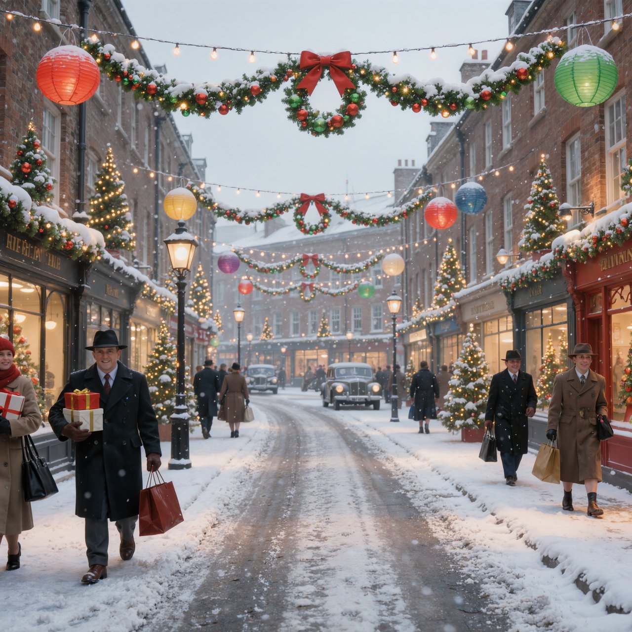 A UK High Street in the 1950s at Christmas time. The roads are covered in snow. The shop windows are decked out for Christmas and the happy adult shoppers are loaded up with gifts for loved ones. The mood is bright and Christmassy. — Kling v3 Omni