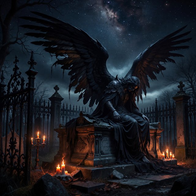 A majestic fallen angel with wings like a dark, tattered cloak, poses dramatically on a crumbling, Victorian-era inspired graveyard tomb, surrounded by twisted, black ironwork and flickering, orange candelabras, as if plucked from a haunting, nightmare. — ImagineArt 1.5 Pro