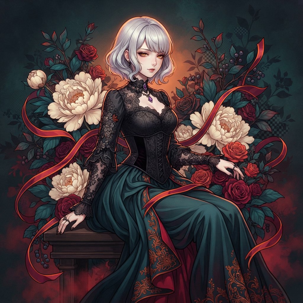 An elegant gothic woman sits sideways among oversized ivory blossoms, crimson roses, and dark teal foliage, turning toward the viewer with half-lidded amber eyes. She has a softly waved silver-white bob and a fitted black gown with lace, embroidered sleeves, and a sculpted corset. Deep-teal skirt folds reveal crimson lining and burnt-orange embroidery. Crimson ribbons with orange edging weave through the flowers, leaving breathing room around her pale face and hands. A deep-teal background fades into charcoal, with muted burnt-orange light behind her head, faint crimson haze below, and botanical shadows. Fine ordered dithering, delicate checkerboard patterns, and clustered pigment grains soften background transitions only; the woman and flowers remain smoothly painted. Crimson, deep teal, glowing orange, lacquer black, and warm ivory palette. Soft frontal fill, luminous hair, readable black fabric, subtle orange rim light, refined gothic anime, precise linework, dramatic floral framing — Nano Banana 2 Lite