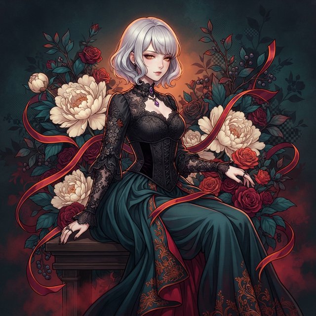 An elegant gothic woman sits sideways among oversized ivory blossoms, crimson roses, and dark teal foliage, turning toward the viewer with half-lidded amber eyes. She has a softly waved silver-white bob and a fitted black gown with lace, embroidered sleeves, and a sculpted corset. Deep-teal skirt folds reveal crimson lining and burnt-orange embroidery. Crimson ribbons with orange edging weave through the flowers, leaving breathing room around her pale face and hands. A deep-teal background fades into charcoal, with muted burnt-orange light behind her head, faint crimson haze below, and botanical shadows. Fine ordered dithering, delicate checkerboard patterns, and clustered pigment grains soften background transitions only; the woman and flowers remain smoothly painted. Crimson, deep teal, glowing orange, lacquer black, and warm ivory palette. Soft frontal fill, luminous hair, readable black fabric, subtle orange rim light, refined gothic anime, precise linework, dramatic floral framing — Nano Banana 2 Lite