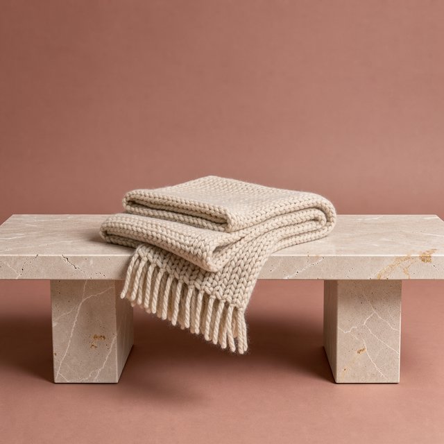 Soft folds of an unbranded chunky-knit wool throw rest on a pale travertine bench; its looped surface catches broad diffused key light and gentle side fill against a muted terracotta studio background, forming a clean commercial product image with no lettering. — Model 1
