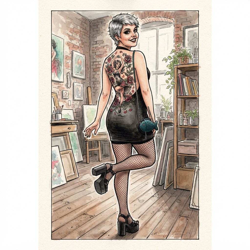 A realistic India ink illustration with crisp black lines depicting a realistic scene, anatomy, and proportions. The ink lines are colored with watercolors, while the black lines remain visible. Full-length composition. A 25-year-old woman named Mandy has a round face and short, trendy hair dyed grayish white. She wears a short, tight halter-top dress with a backless design, fishnet stockings, and high platform heels. She carries a tiny fish-shaped purse over one shoulder. She has smoky eyes and dark brown lipstick. Her entire back is covered with a huge tattoo of a dancing adult woman surrounded by a swirl of roses and rose petals. She poses for a picture in rear view, standing on one foot with the other foot raised and knee bent. She looks at us over one shoulder, making eye contact with the camera and smiling. — Nano Banana 2 Lite