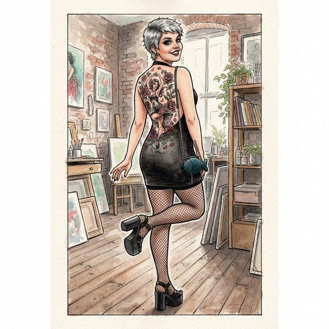 A realistic India ink illustration with crisp black lines depicting a realistic scene, anatomy, and proportions. The ink lines are colored with watercolors, while the black lines remain visible. Full-length composition. A 25-year-old woman named Mandy has a round face and short, trendy hair dyed grayish white. She wears a short, tight halter-top dress with a backless design, fishnet stockings, and high platform heels. She carries a tiny fish-shaped purse over one shoulder. She has smoky eyes and dark brown lipstick. Her entire back is covered with a huge tattoo of a dancing adult woman surrounded by a swirl of roses and rose petals. She poses for a picture in rear view, standing on one foot with the other foot raised and knee bent. She looks at us over one shoulder, making eye contact with the camera and smiling. — Nano Banana 2 Lite