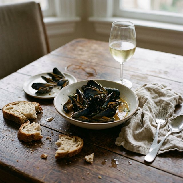 Beside a rumpled linen napkin, an in-progress supper shows a shallow bowl of mussels, torn bread, and a half-full glass on a wooden table. A natural-light dining snapshot, shot at 50mm with shallow depth of field, catches crumbs and glossy broth. — Nano Banana 2.1