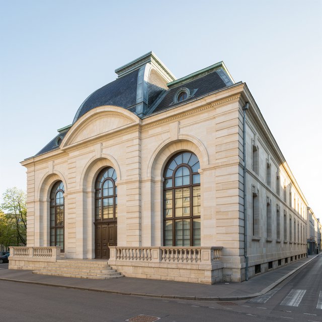 Exterior of a French Second Empire town hall with pale limestone, a dark mansard roof, copper cresting, and tall arched windows; clear spring light falls across the entrance terrace, viewed from the quiet street corner, precise lines and believable construction. — Kling v3 Omni