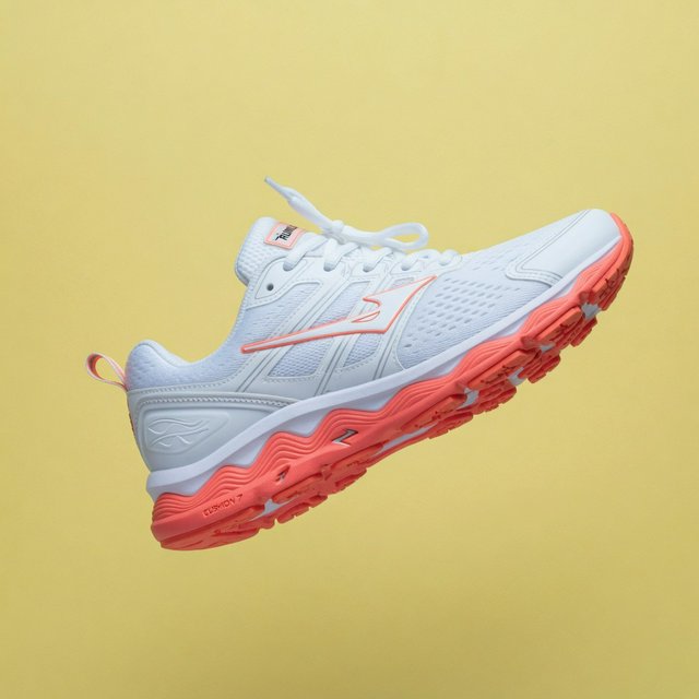 A white running sneaker with a coral sole floating at a slight angle over a pastel yellow background, studio lighting, no shadow on the backdrop. — Grok Imagine Image Quality