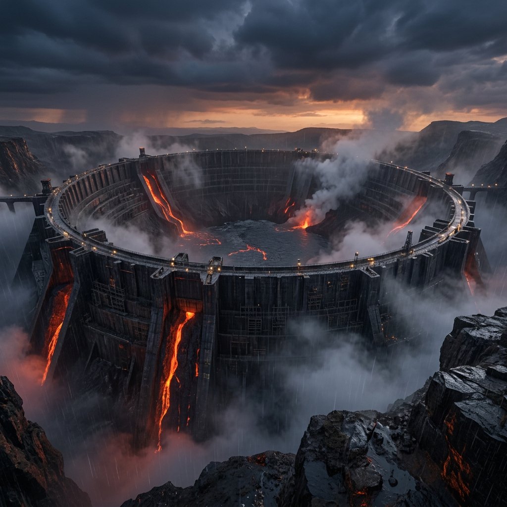A colossal ring-shaped dam bridges a volcanic caldera, its black stone spillways veined with molten light. Rain veils the terraces as steam rises into a bruised dusk sky. — Nano Banana 2.1