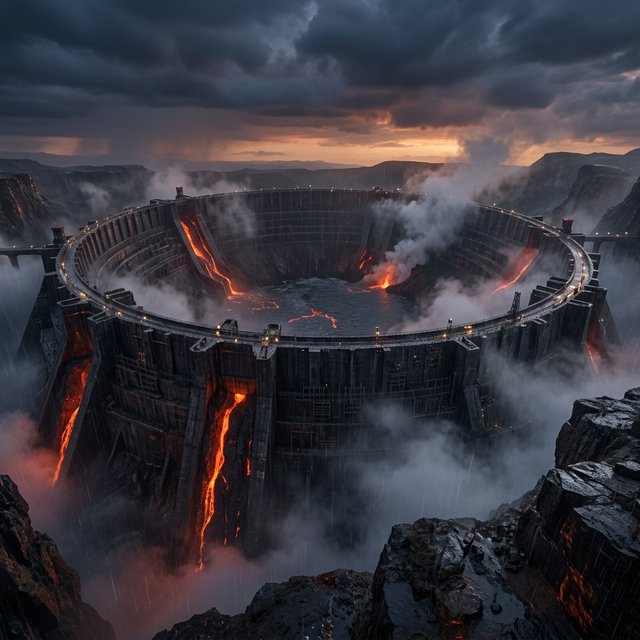 A colossal ring-shaped dam bridges a volcanic caldera, its black stone spillways veined with molten light. Rain veils the terraces as steam rises into a bruised dusk sky. — Nano Banana 2.1