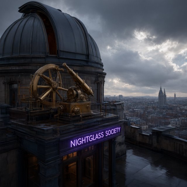 On a rain-darkened rooftop observatory, brass instruments gleam beneath a sliding dome while clouds part above the city; "NIGHTGLASS SOCIETY" glows in violet neon along the entrance canopy. — Qwen Image 3.0