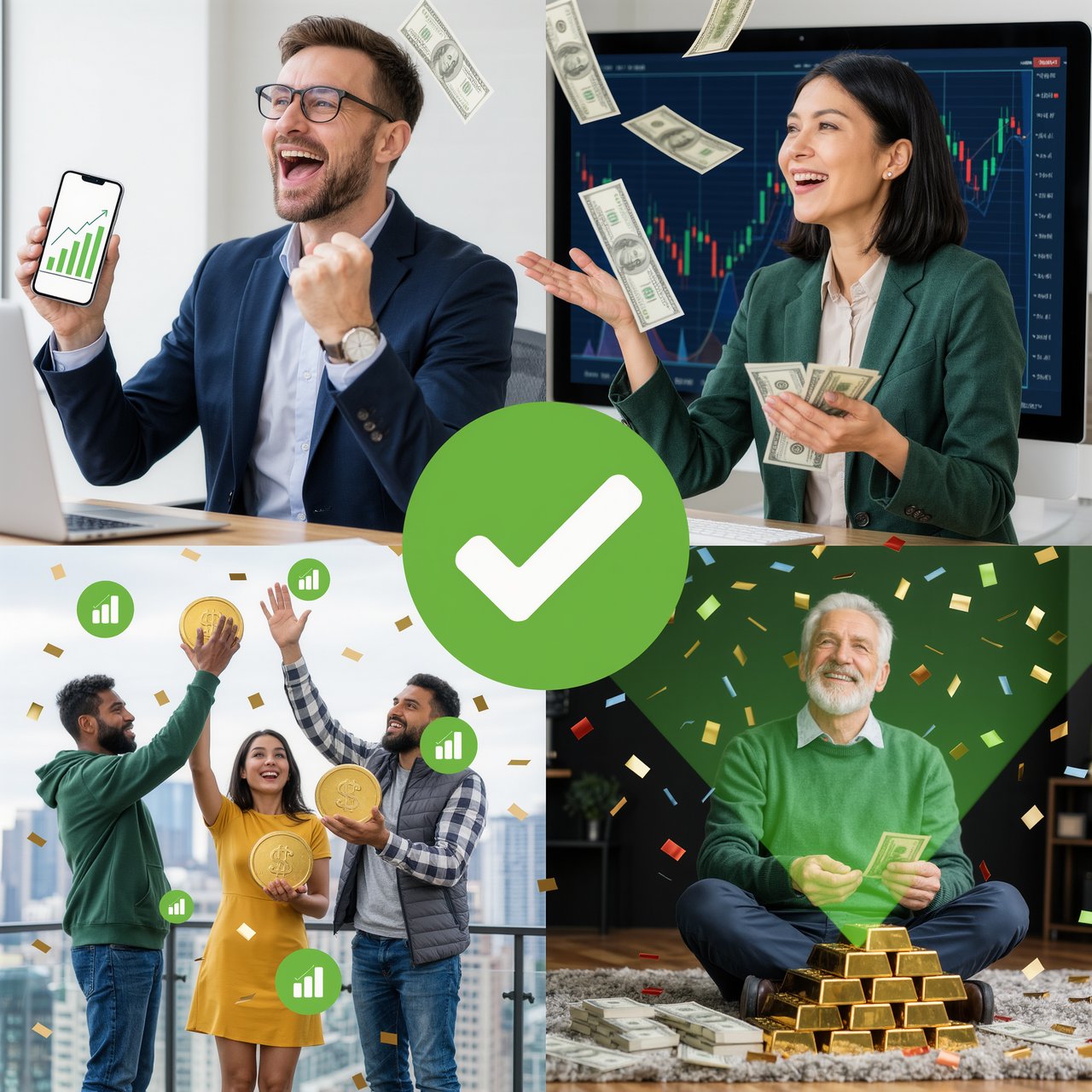 People making successful trades. A totally green day. Making a lot of money (life-changing money). At least 4 scenes. — Kling v3 Omni
