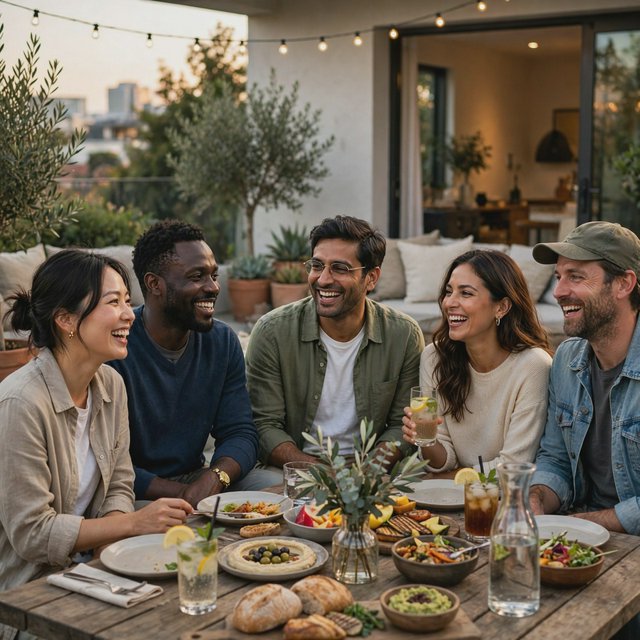 Realistic. Adults around the world finding abundant wealth, family, and joy in their lives. The vibe is very good but also casual. — Muse Image 1.0