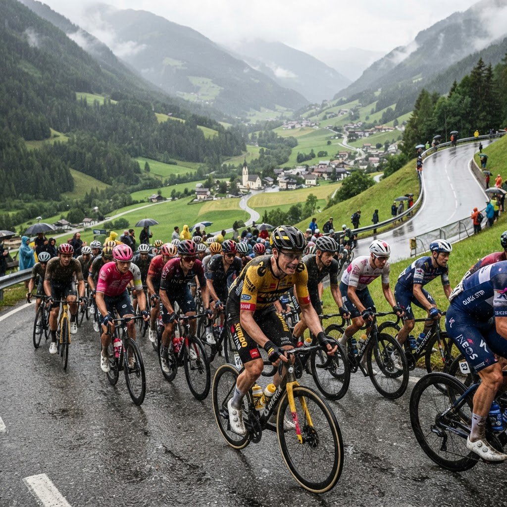 A frontal, close-up shot of a field of competitive cyclists ascending a mountain in the rain. In the background, we see a lush green valley with a small town. — Nano Banana 2 Lite