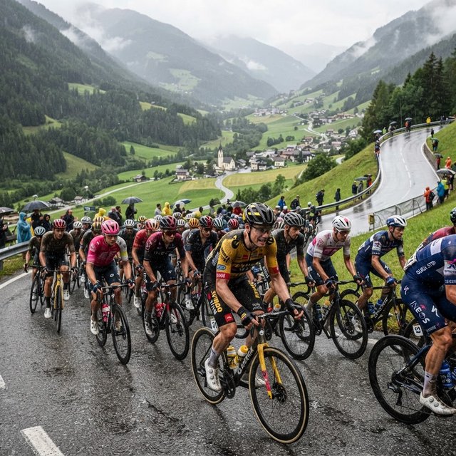 A frontal, close-up shot of a field of competitive cyclists ascending a mountain in the rain. In the background, we see a lush green valley with a small town. — Nano Banana 2 Lite