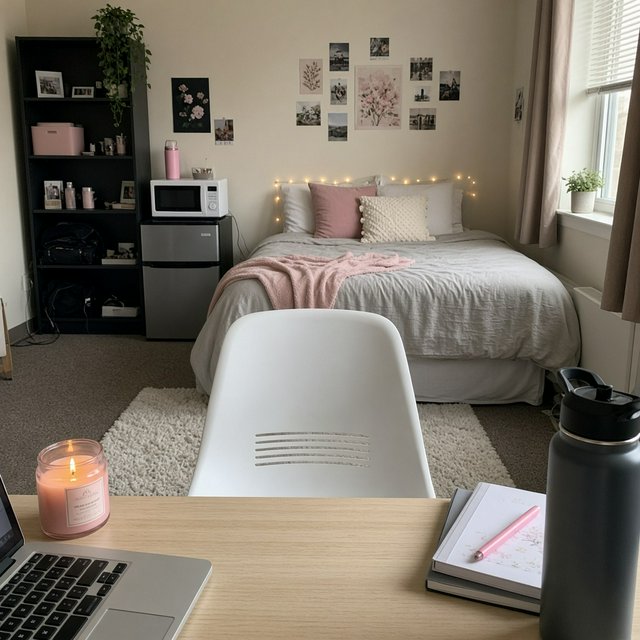 A dorm room belonging to an adult woman, photographed with a cell phone. The camera is sitting on a desk facing the empty chair and the rest of the room. — Grok Imagine Image 2