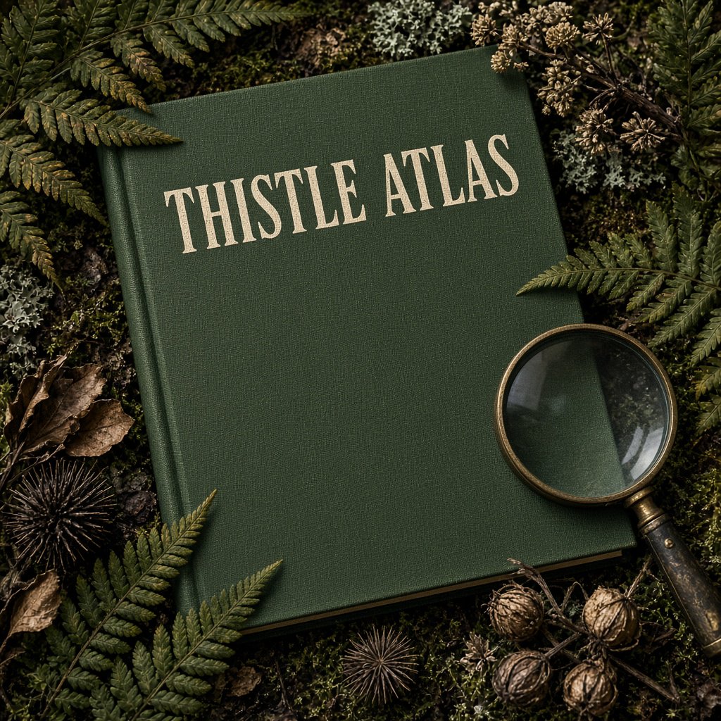 Pressed fern fronds, seed pods, and a magnifying lens frame a naturalist’s field-guide book cover on moss-green cloth; “THISTLE ATLAS” spans the upper third in hand-cut ivory serif capitals, with no other legible writing. — Grok Imagine Image 2