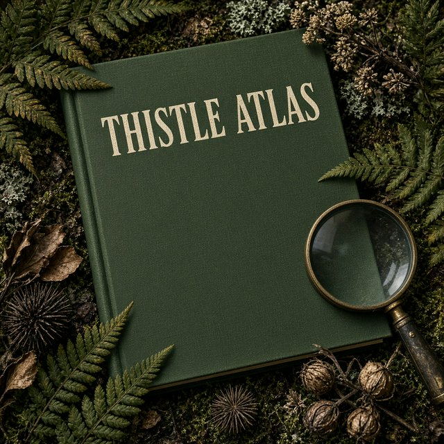 Pressed fern fronds, seed pods, and a magnifying lens frame a naturalist’s field-guide book cover on moss-green cloth; “THISTLE ATLAS” spans the upper third in hand-cut ivory serif capitals, with no other legible writing. — Model 5
