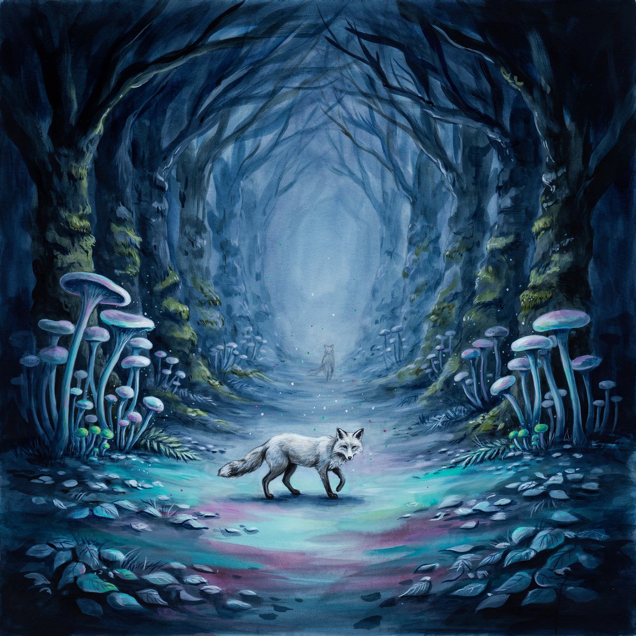 A solitary fox with fur like molten moonlight walks through an ethereal forest. Towering, bioluminescent fungi illuminate the path, casting an otherworldly glow. The style is reminiscent of early 20th-century magical realism, with bold, gestural brushstrokes akin to abstract expressionism, and a watercolor-like diffusion of light. — Ideogram v4