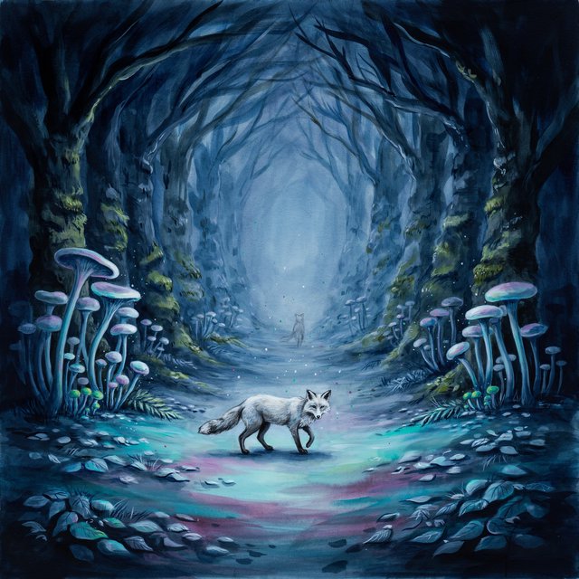 A solitary fox with fur like molten moonlight walks through an ethereal forest. Towering, bioluminescent fungi illuminate the path, casting an otherworldly glow. The style is reminiscent of early 20th-century magical realism, with bold, gestural brushstrokes akin to abstract expressionism, and a watercolor-like diffusion of light. — Model 7