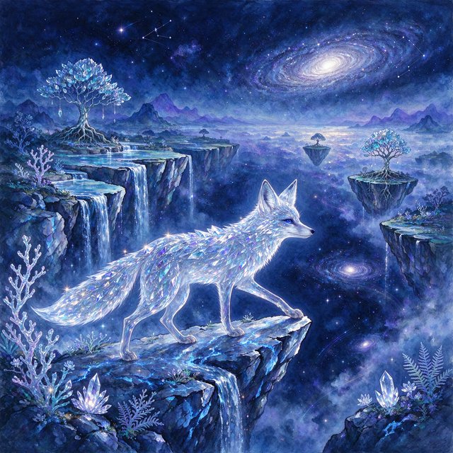 An ethereal fox with crystalline fur navigates a landscape of floating islands. Waterfalls cascade into the starry abyss below, and strange, alien flora sprouts from glowing rocks. This is a magical realism painting, infused with the wonder of distant galaxies. — Seedream 5.0 Flash