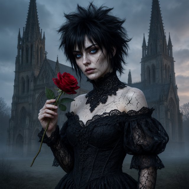 Atmospheric lighting creates soft background gradients through value blending, and surreal dark textures produce cracked surfaces and splatter via organic mark making. The fusion manifests as lace edges, dramatic chiaroscuro, and sharp focal contrast, transforming any subject through meticulous gothic surface modeling. A gothic woman depicted in 2026, with spiky black hair, blue eyes, and pale skin, wearing a black off-shoulder lace dress with a high ornate collar and puffed sleeves, holding a red rose. Close-up at eye level, the woman facing forward with her head slightly tilted, gazing directly at the viewer, holding a red rose in her right hand near her shoulder. Scene set before a gothic cathedral during overcast twilight, with misty atmosphere, featuring tall church spires in the background. — Qwen Image 3.0